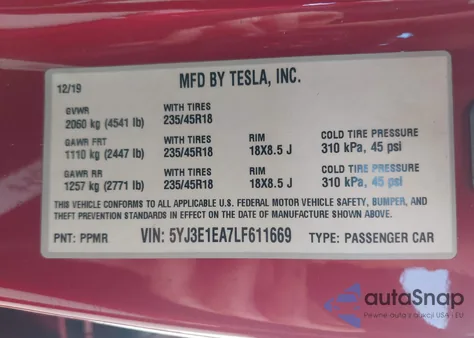 2020 Tesla Model 3 Standard Range Plus Rear-Wheel Drive/Standard Range Rear-Wheel Drive from USA, damaged, VIN 5YJ3E1EA7LF611669